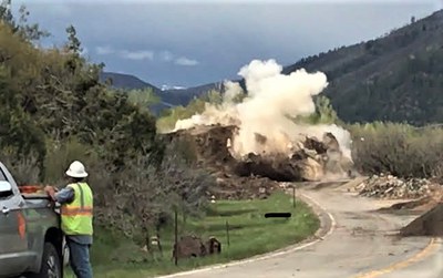 A crew successfully blasted one of the two massive boulders that destroyed a section of Colorado Highway 145 between Cortez and Telluride.