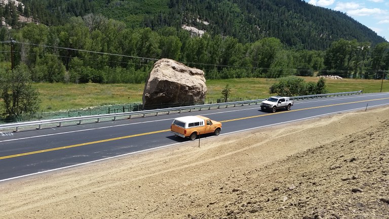 CDOT PHOTO: A section of CO Highway 145 between Dolores and Rico has been rebuilt. The roadway was destroyed after two massive boulders plowed down the adjacent mountain side from a ridgeline 1000 feet above the highway.