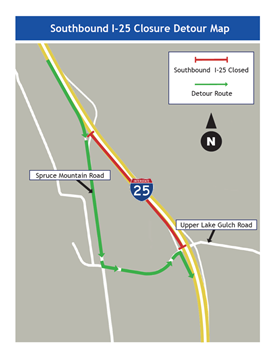 Southbound I-25 closure detour map from Spruce Mountain to Upper Gulch roads detail image