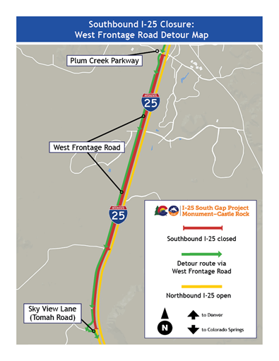 Southbound I-25 South Gap Closure: West Frontage Road detour map detail image