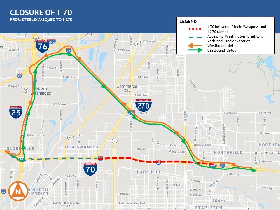 I-70 Closure map from Steele Street/Vasquez Boulevard to I-270 detail image