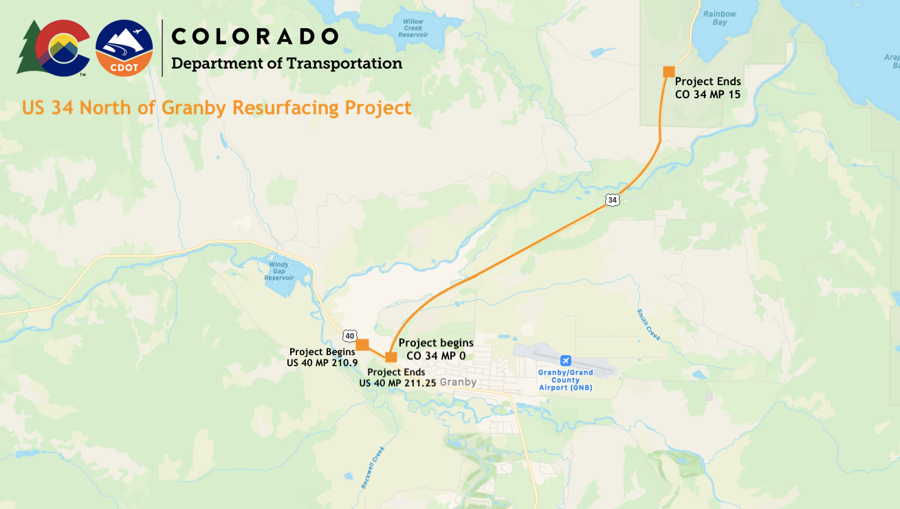 US 34 north of Granby resurfacing project map detail image