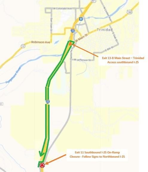 Map of exits that will be closed on southbound I-25