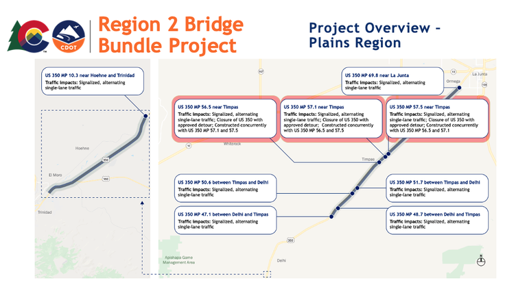 Project overview of the plains region from US 350 mile point 47.1 between Delhi and Timpas to US 350 mile point 69.8 near La Junta. Work will also occur at US 350 mile point 10.3 near Hoehne and Trinidad, with traffic impacts as signalized, alternating single-lane traffic