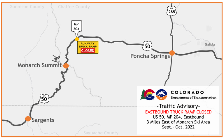 US 50 eastbound 3 miles east of Monarch Ski area closure map