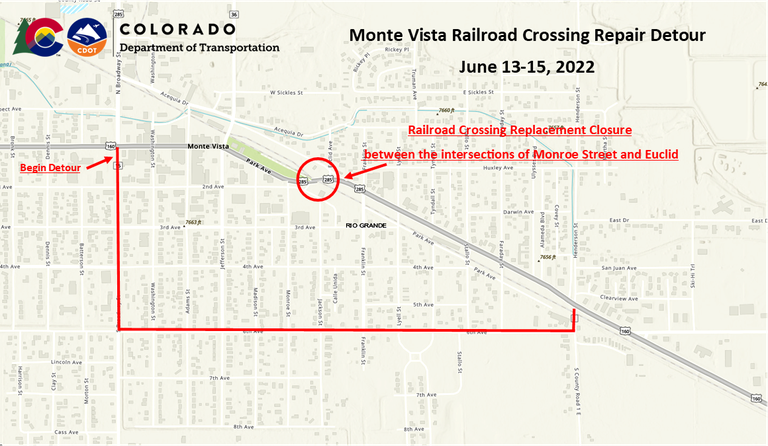 Monte Vista railroad crossing repair detour at US 285 project map
