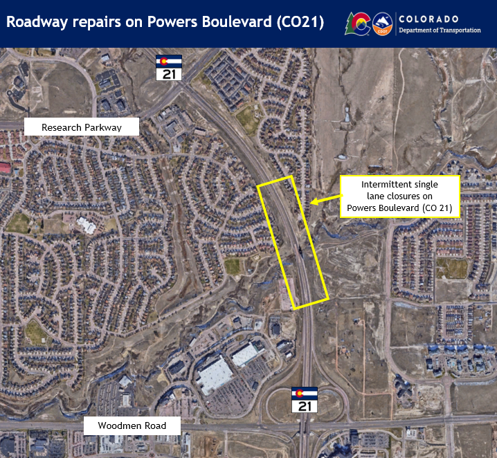 Roadway Repairs on Powers Boulevard CO 21 map detail image