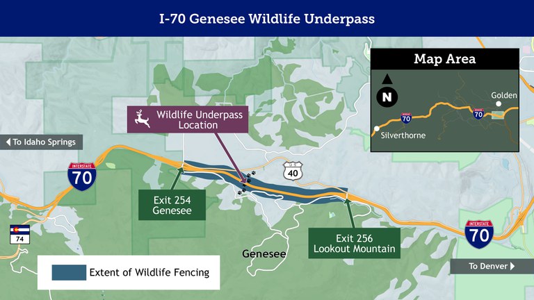 Genesee wildlife underpass located between exit 254 and exit 256 on I-70 