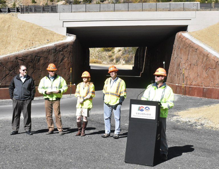 CDOT Region 3 Transportation Director Jason Smith gives spoken remarks. Also pictured, from left to right: Interim Assistant County Manager for Summit County Steve Greer, CDOT Director of Maintenance and Operations John Lorme, CDOT Executive Director Shoshana Lew and CDOT Chief Engineer Steve Harelson.