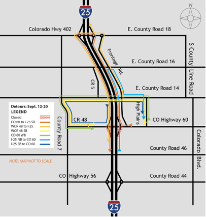 Sept. 12-20: Eastbound and westbound CO 60 bridges will be closed, including the southbound I-25 on-ramp and the northbound I-25 off-ramp.