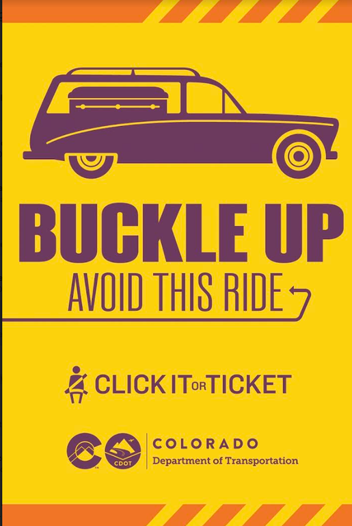 Hearse Procession Graphic with text, "Buckle up. Avoid this ride." Text below reads, "Click it or ticket."