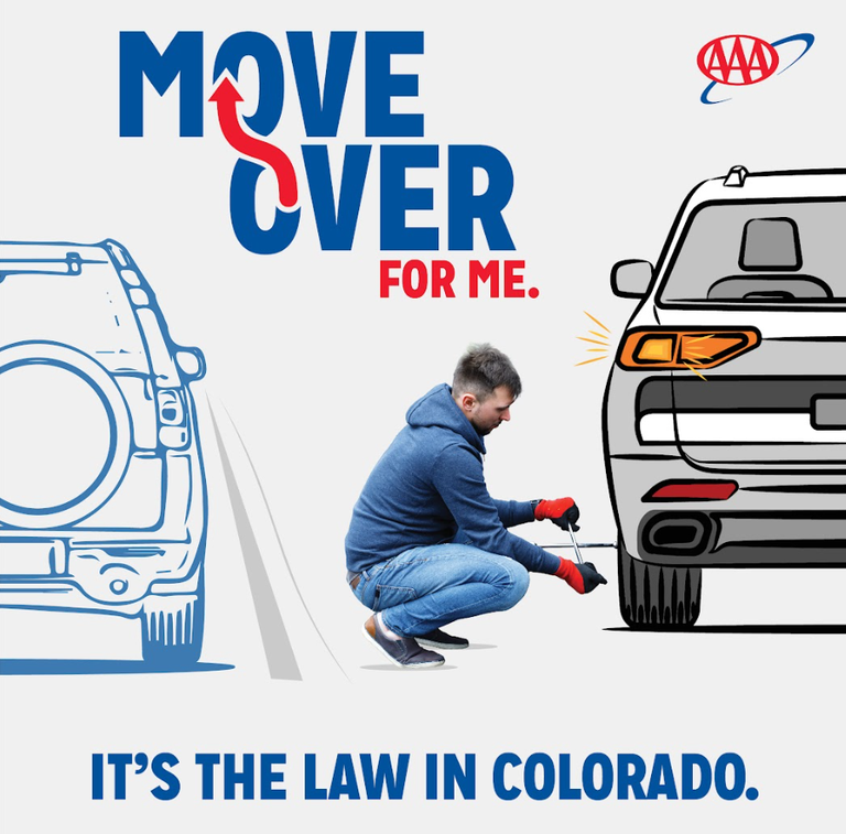 Move over law graphic with man changing tire. Text reads, "Move over for me. It's the law in Colorado."