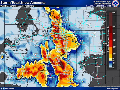Storm total snow amounts statewide map as of 6 a.m. Thursday, March 14.