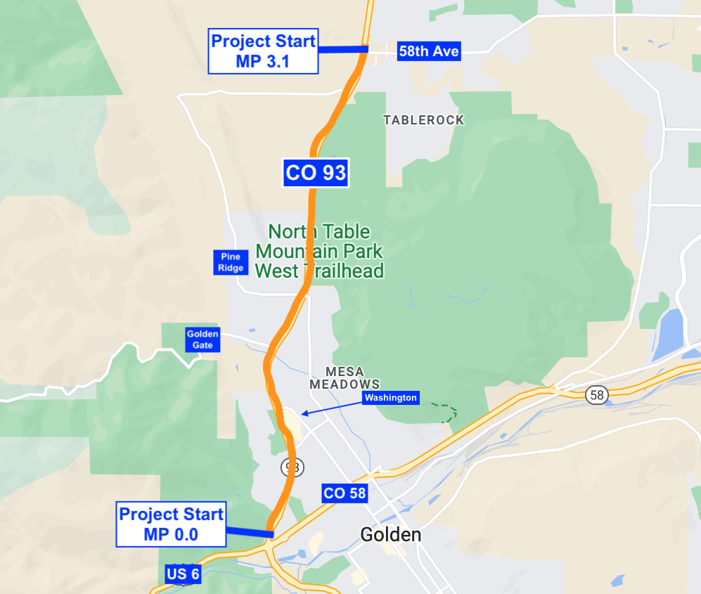 Map of CO 93 and Clear Creek County Rd 314 from east Idaho Springs to the Veterans Memorial Tunnels