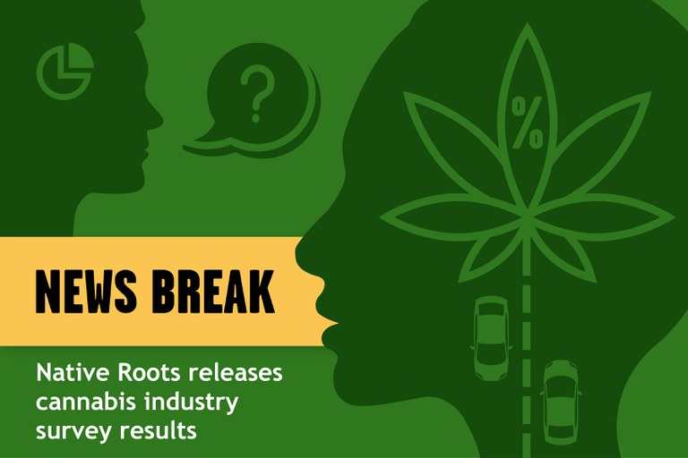 Green decorative images with text overlay reading "News Break. Native Roots releases industry survey results"