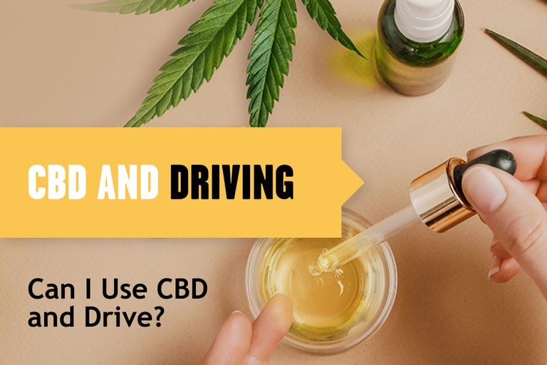 CBD oil and dropper. Text overlay reads "CBD and Driving: can I use CBD and drive?"