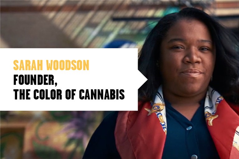 Sarah Woodson headshot, text overlay reads "Sarah Woodson, founder, The Color of Cannabis